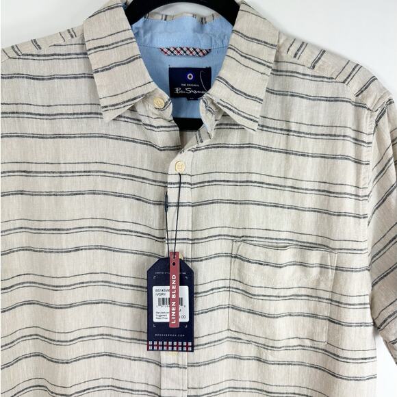 Ben Sherman Mens Linen Blend Button Down Shirt Striped Beige Blue Medium - Picture 2 of 7